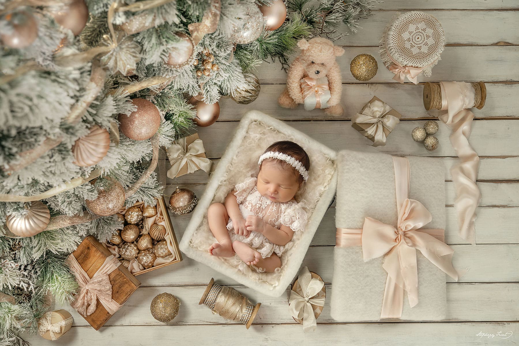 Christmas Newborn Photography by Stephany Ficut Photography with white, red and green, Christmas tree, Christmas decorations and lights in Lewisville Dallas